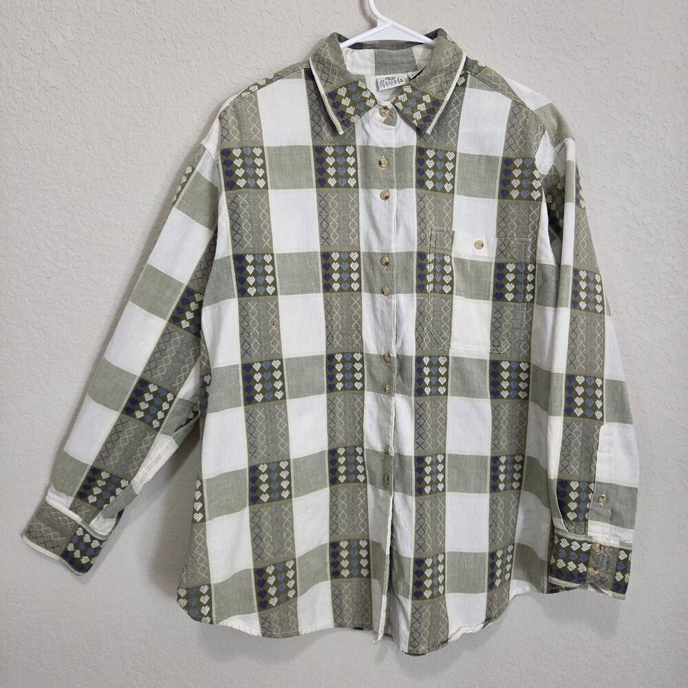 Vintage Plaid Shirt Cascade Blues Womens Large Heart Button Up Casual 90s Cotton